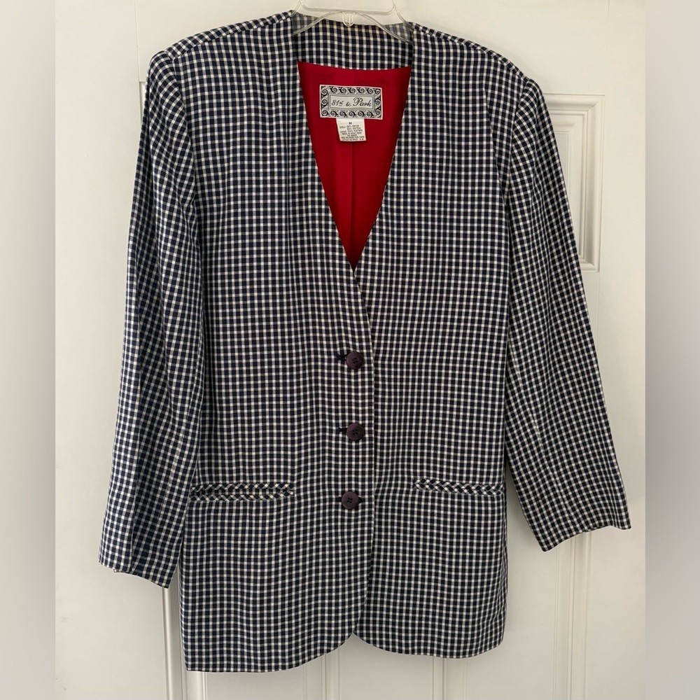 Vintage 81&Park Gingham Blazer Navy and White Checked Womens Blazer
